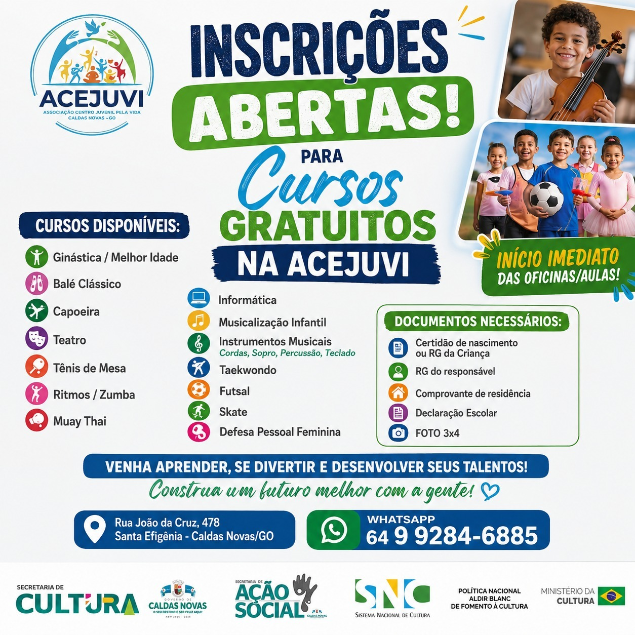 Cartaz de inscrições abertas para cursos gratuitos na ACEJUVI